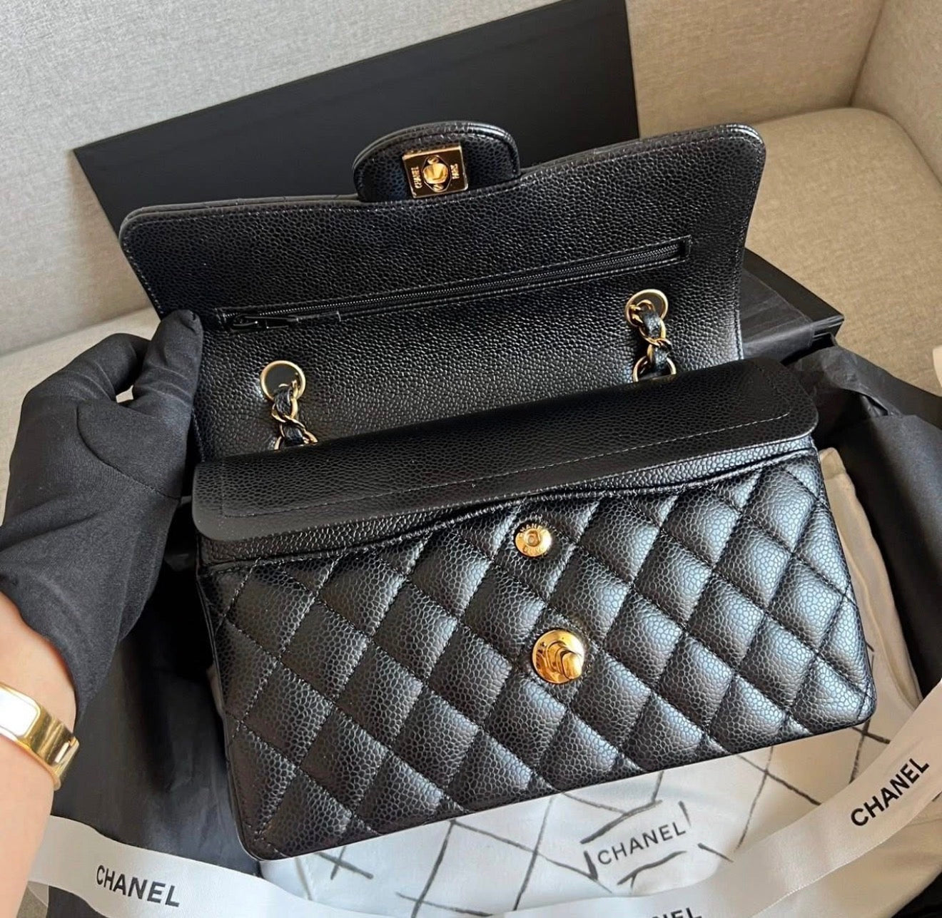 Chanel Classic Double Flap 9” Black Lambskin Gold Hardware – Full Set