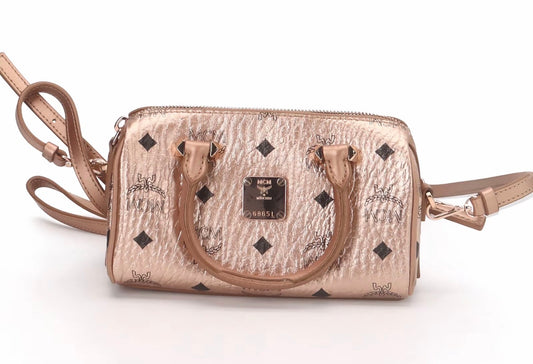 MCM Metallic Mini Boston Bag – Rose Gold Crossbody Satchel