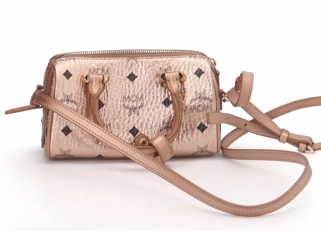 MCM Metallic Mini Boston Bag – Rose Gold Crossbody Satchel