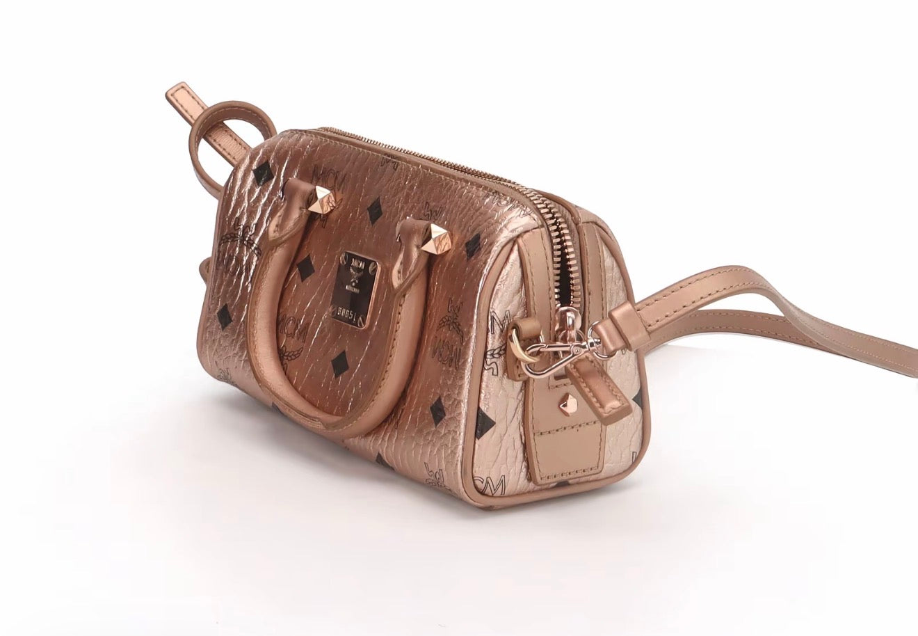 MCM Metallic Mini Boston Bag – Rose Gold Crossbody Satchel