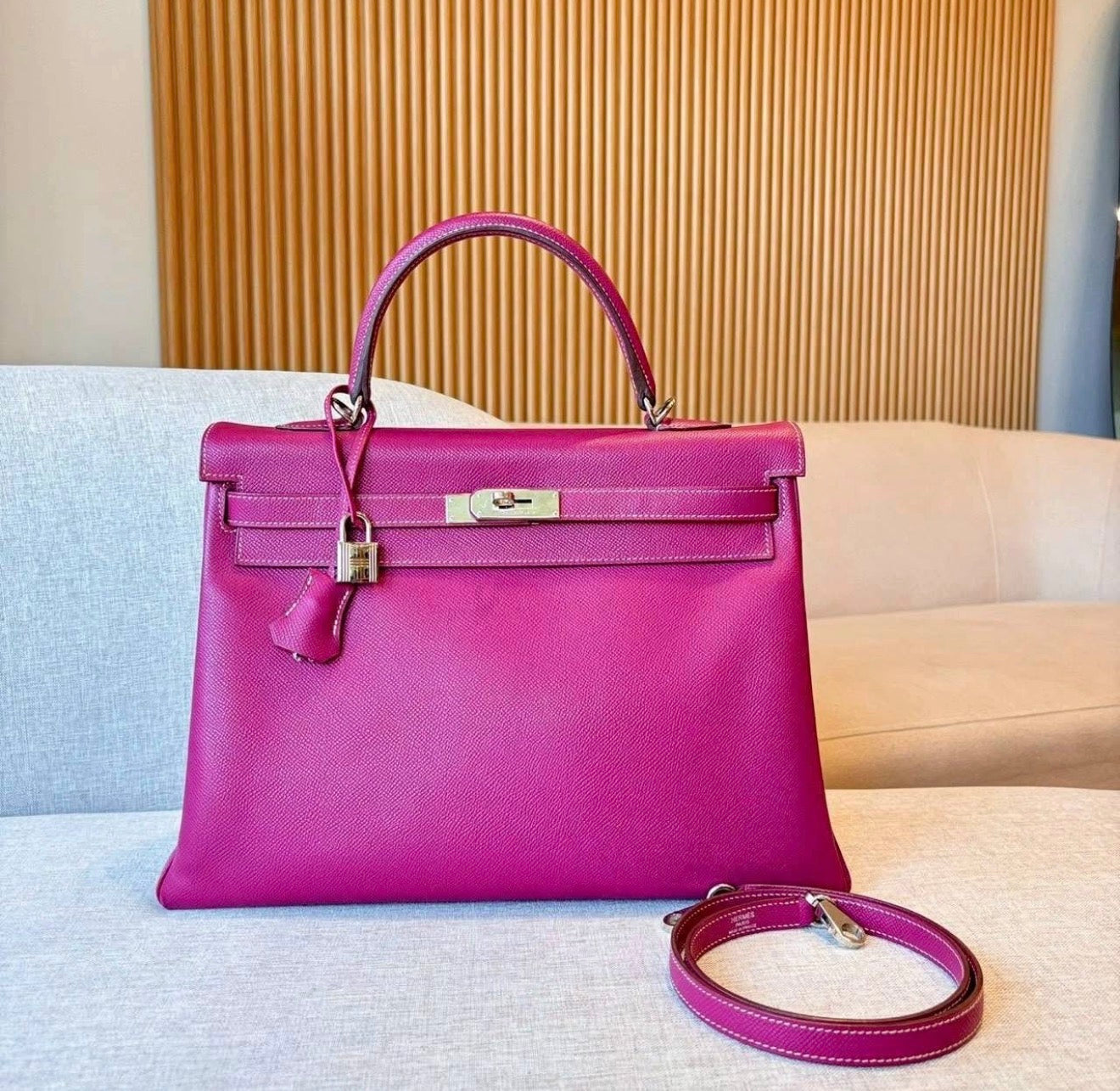 Hermès Kelly 35 Candy Tosca Epsom Palladium Hardware Bag with Strap & Clochette