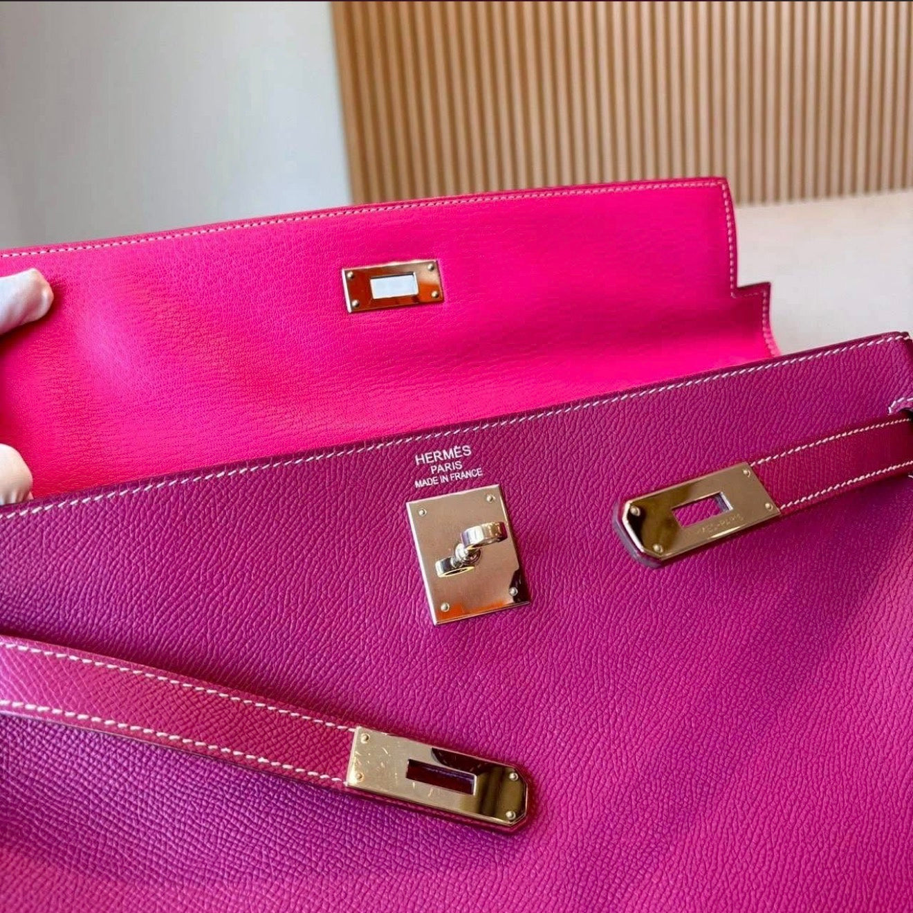 Hermès Kelly 35 Candy Tosca Epsom Palladium Hardware Bag with Strap & Clochette