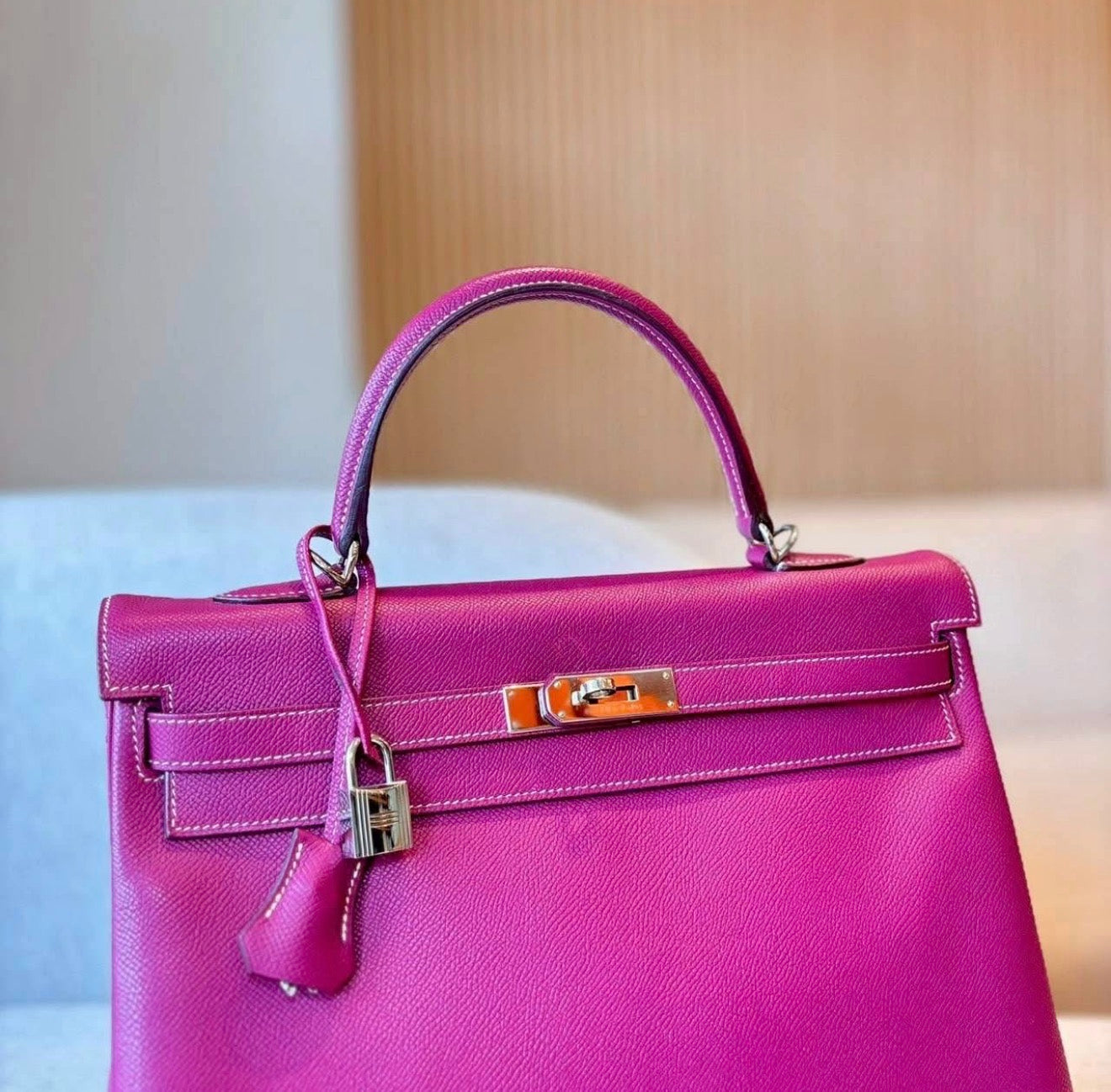 Hermès Kelly 35 Candy Tosca Epsom Palladium Hardware Bag with Strap & Clochette