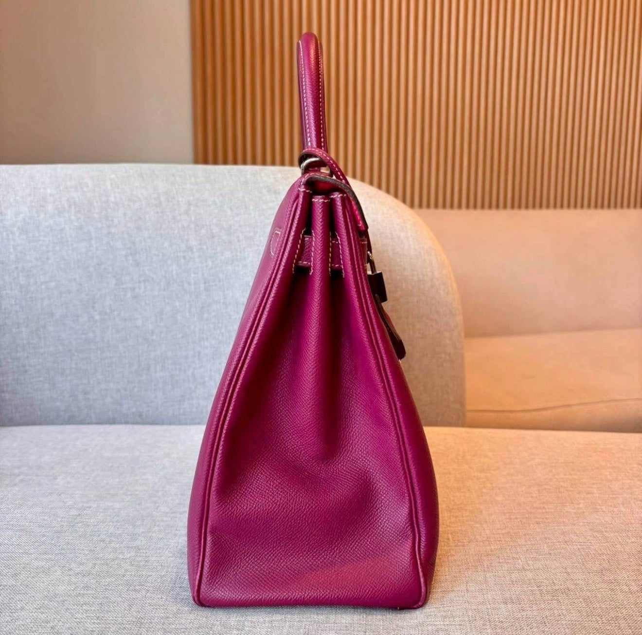 Hermès Kelly 35 Candy Tosca Epsom Palladium Hardware Bag with Strap & Clochette