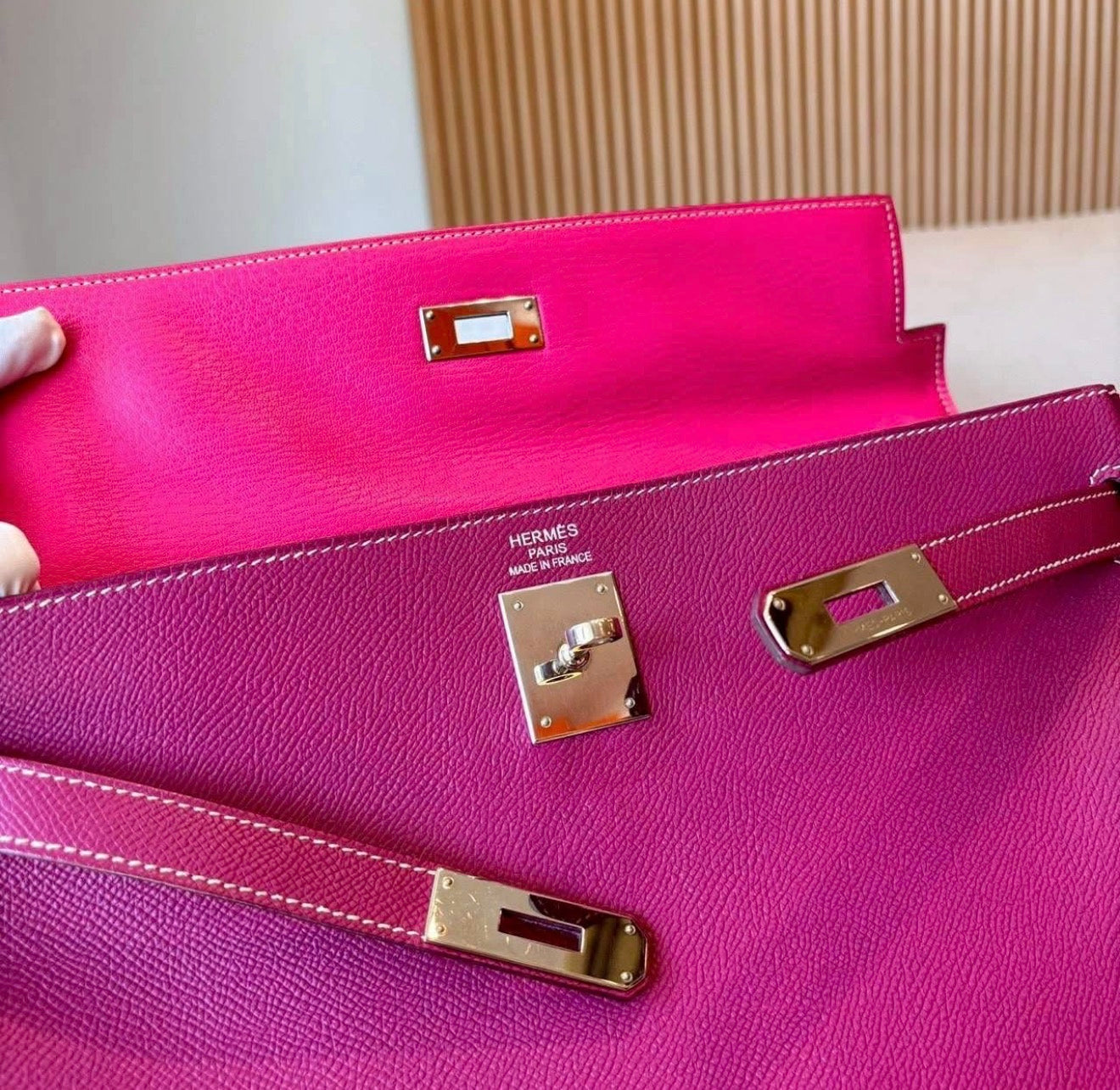 Hermès Kelly 35 Candy Tosca Epsom Palladium Hardware Bag with Strap & Clochette