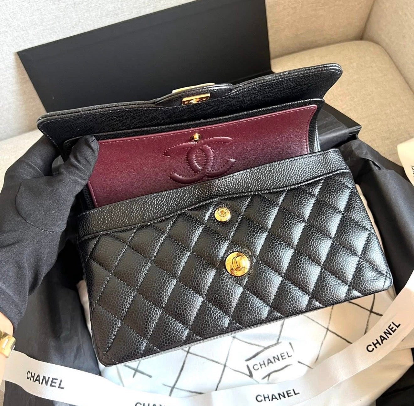 Chanel Classic Double Flap 9” Black Lambskin Gold Hardware – Full Set