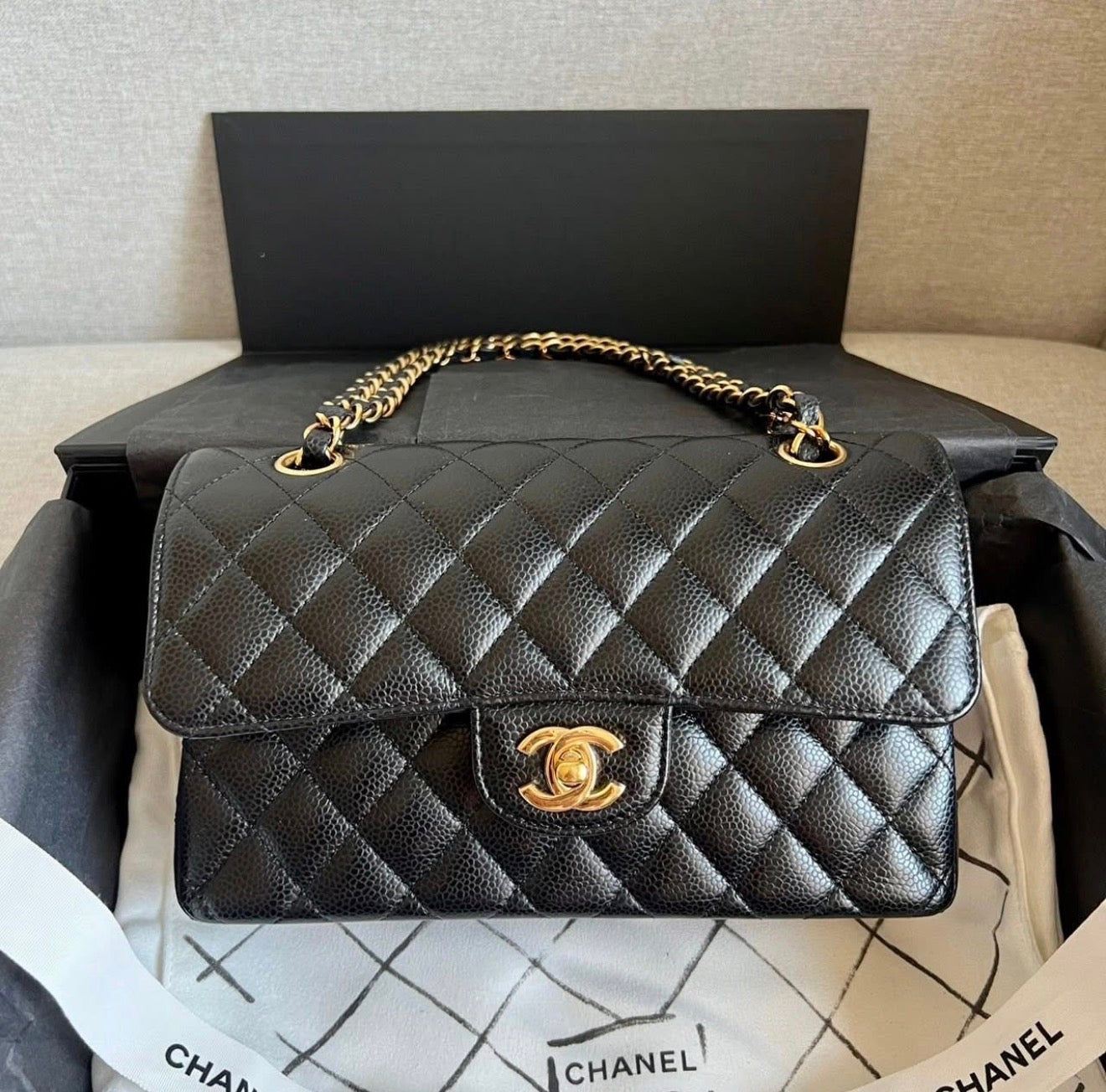Chanel Classic Double Flap 9” Black Lambskin Gold Hardware – Full Set