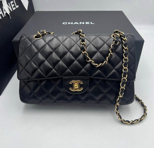 Chanel Classic Double Flap 9” Black Lambskin Gold Hardware – Full Set