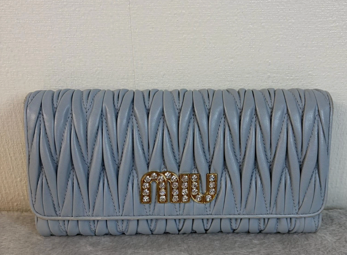 Miu Miu Matelassé Leather Wallet Clutch – Light Blue