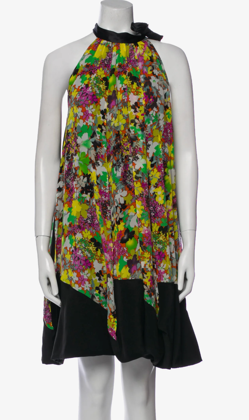 Etro Women's Green Floral Print Silk Tent Dress, Elegant Casual Fit with a Sleeveless Mock Neck and Sash-Tie, Fabric, Piece